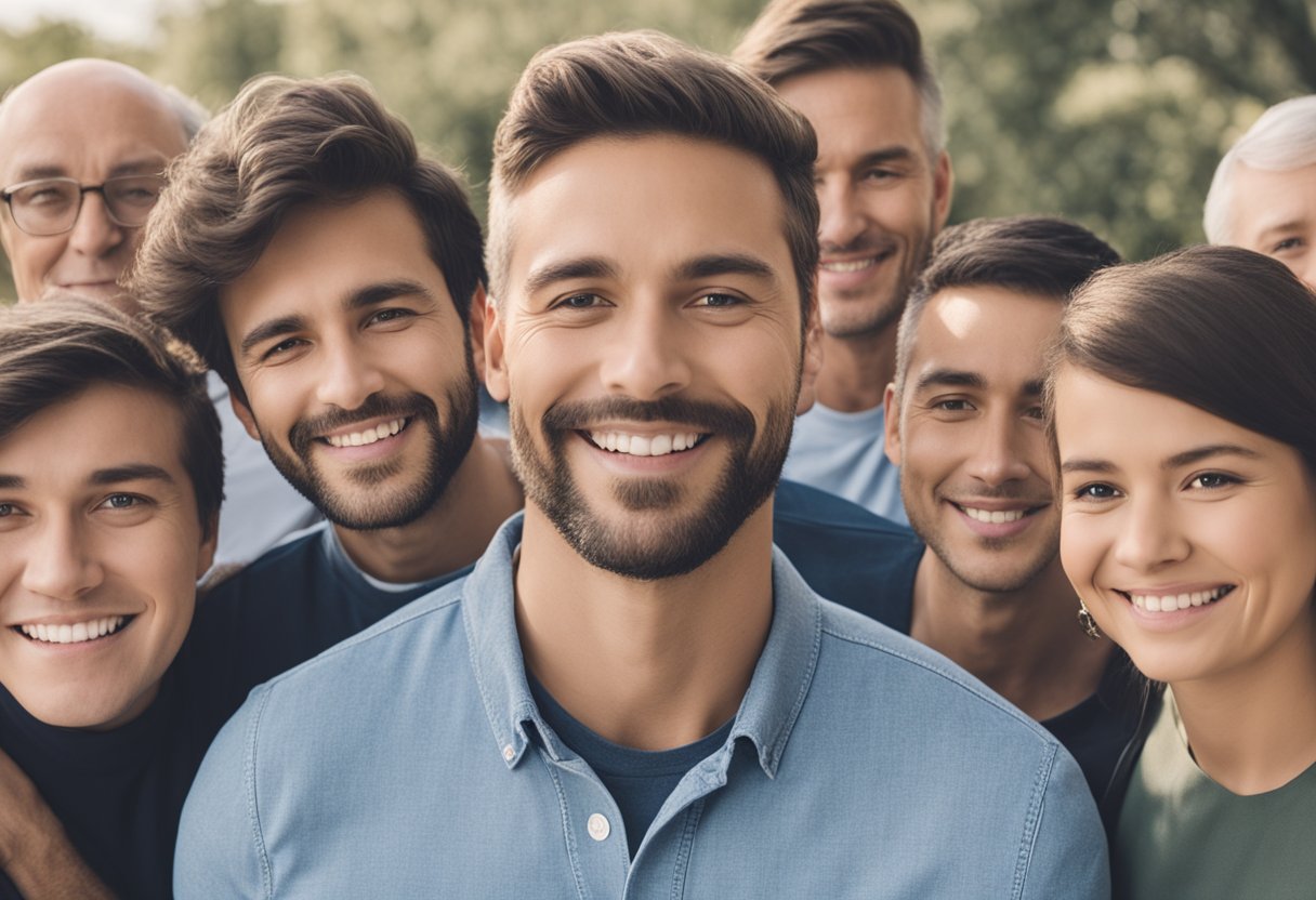 A male cancer thriver standing confidently, surrounded by supportive friends and family, symbolizing strength and connection in survivorship