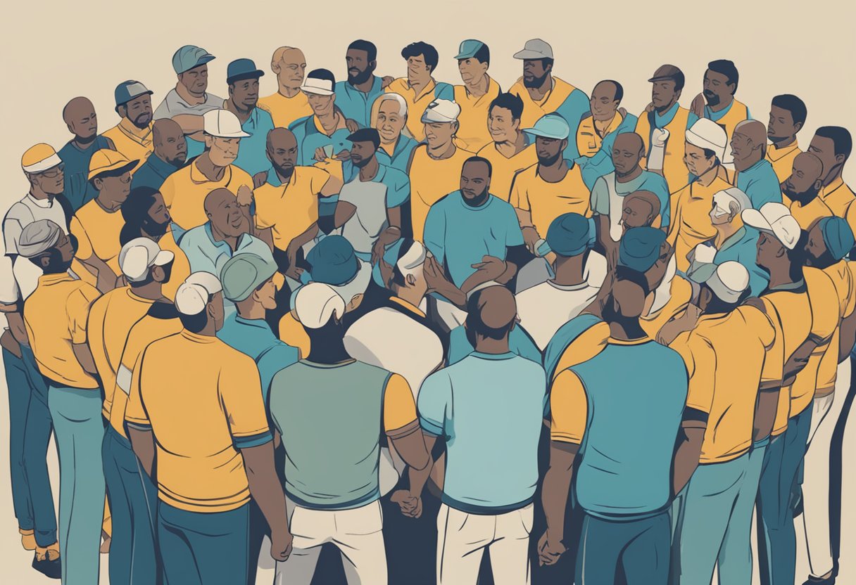 A group of male cancer survivors gather in a circle, sharing their stories and coping mechanisms. Each man holds a symbol of strength, such as a tree or a mountain, representing their resilience