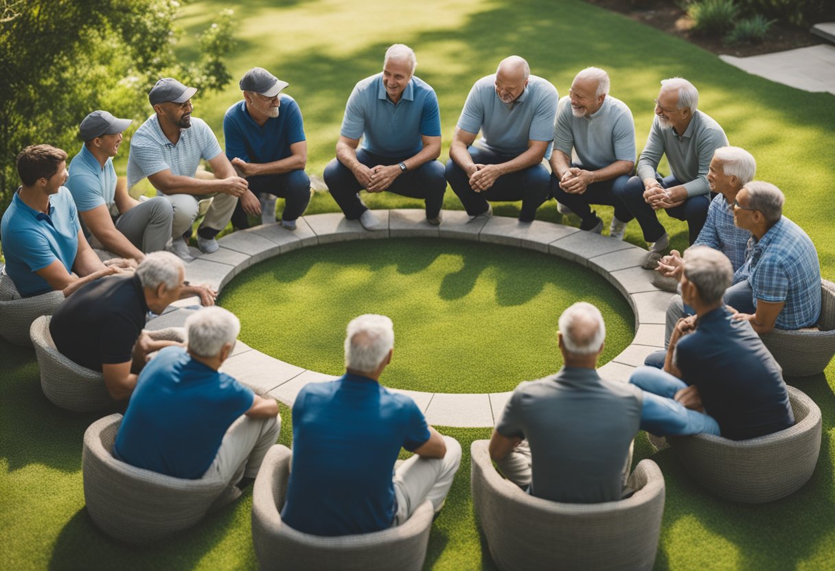 A group of male cancer thrivers embrace in a circle, sharing stories and support in a serene garden setting