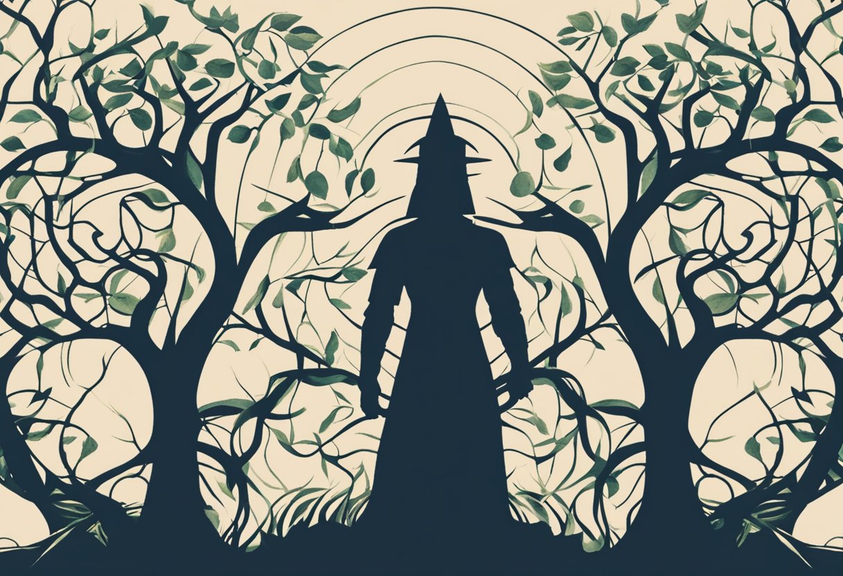 A figure standing tall, surrounded by intertwining vines and branches, symbolizing strength and interconnectedness