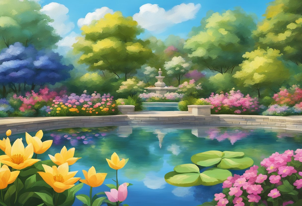 A serene garden with vibrant flowers blooming, a peaceful pond, and a bright blue sky, symbolizing the reclaiming of joy and quality of life after overcoming cancer