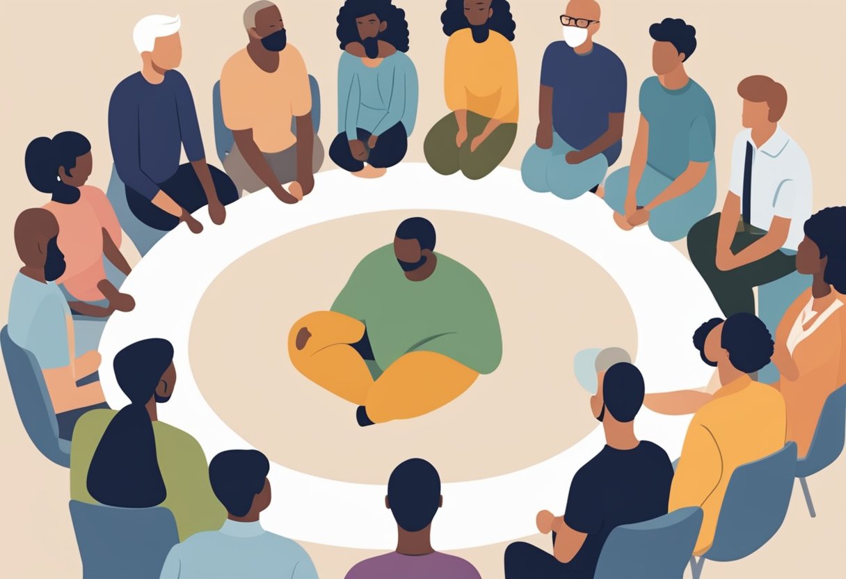A group of diverse individuals gather in a circle, offering support and comfort to a man facing cancer, illustrating the power of emotional support networks in navigating relationship challenges