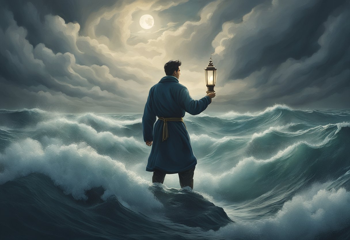 A man standing strong amidst a stormy sea, holding a lantern to guide his way through the turbulent waters