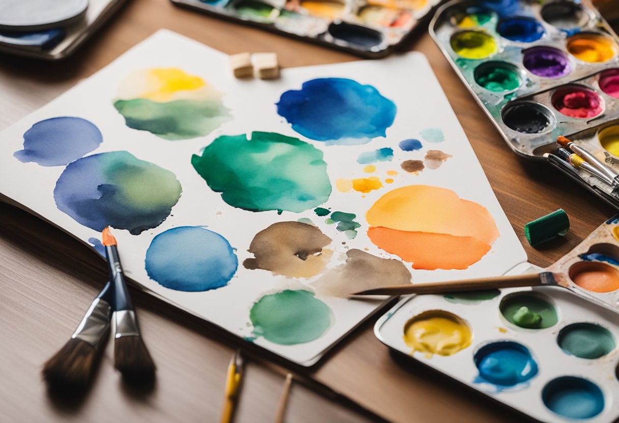 A palette of vibrant watercolor paints and brushes arranged on a wooden table, surrounded by a scattering of sketches and a notebook filled with ideas
