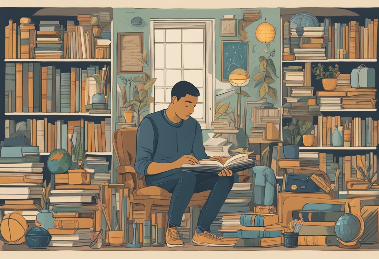 A man surrounded by books, art supplies, and musical instruments, symbolizing his exploration of new hobbies and personal development after surviving cancer