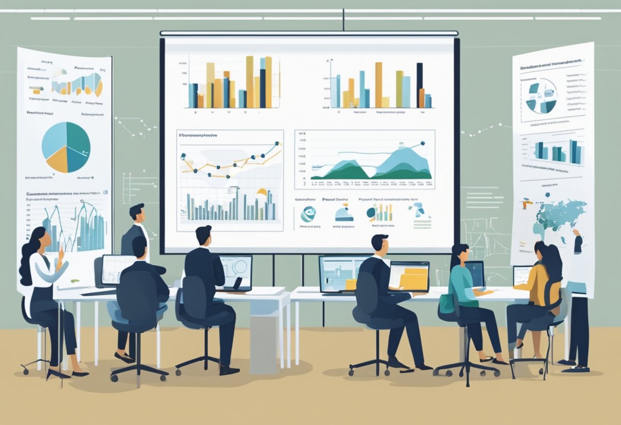 A group of researchers discussing findings in a modern office setting, with charts and graphs displayed on a large screen