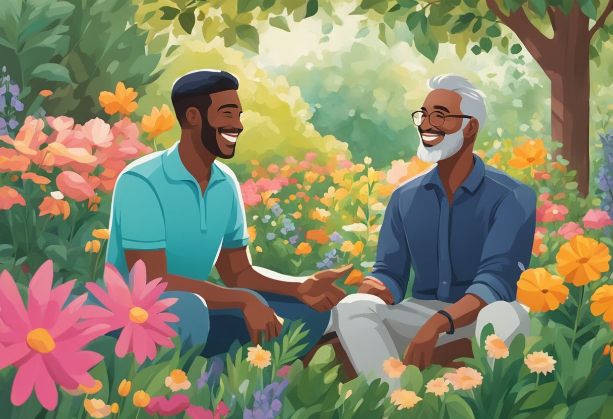 A man sitting in a peaceful garden, surrounded by vibrant flowers and greenery. He is smiling and engaged in conversation with a supportive friend