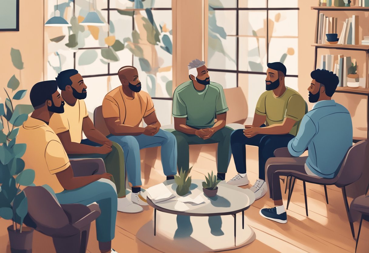 A group of male cancer survivors engaging in a support group discussion, surrounded by uplifting and comforting decor