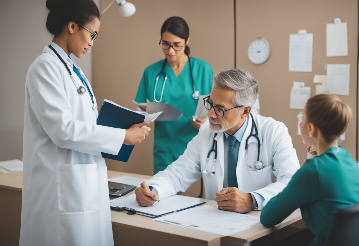 A doctor reviewing a patient's medical history and coordinating with other healthcare professionals