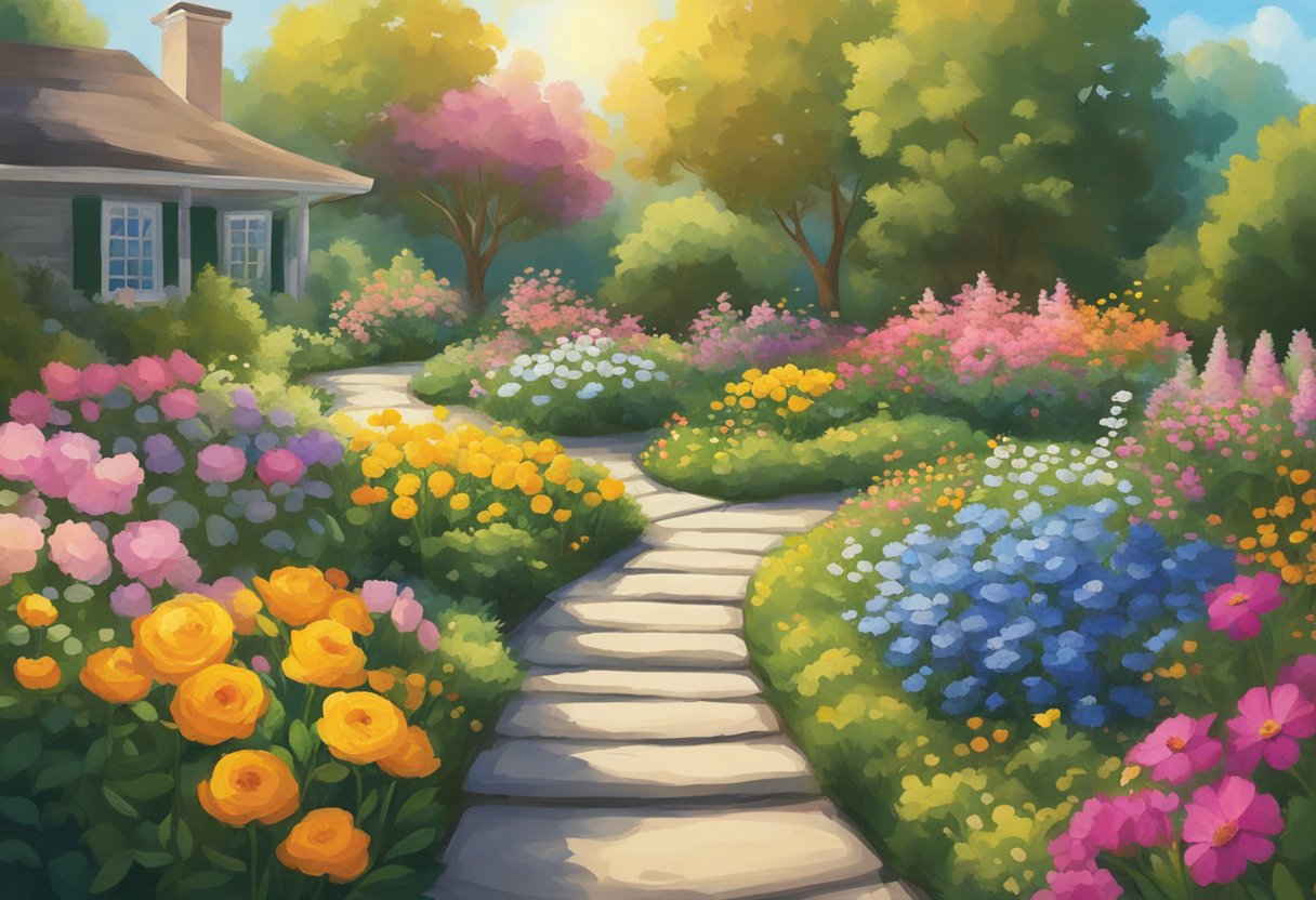 A serene, sunlit garden with vibrant flowers and a winding path, symbolizing the journey of cancer survivorship