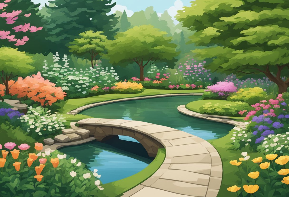 A serene garden with a winding path, blooming flowers, and a peaceful pond surrounded by lush greenery
