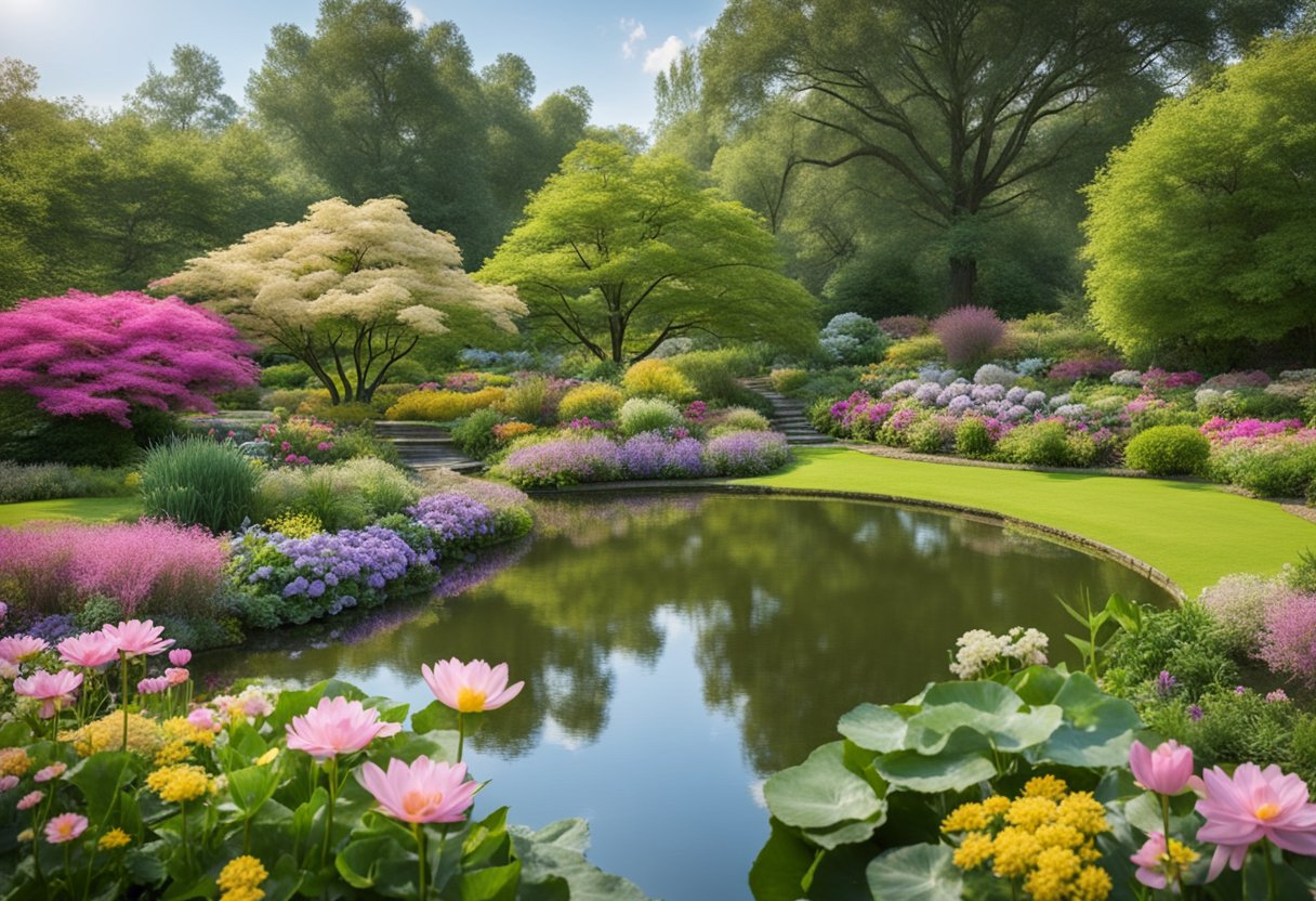 A serene garden with blooming flowers and a peaceful pond, symbolizing hope and renewal for cancer survivors