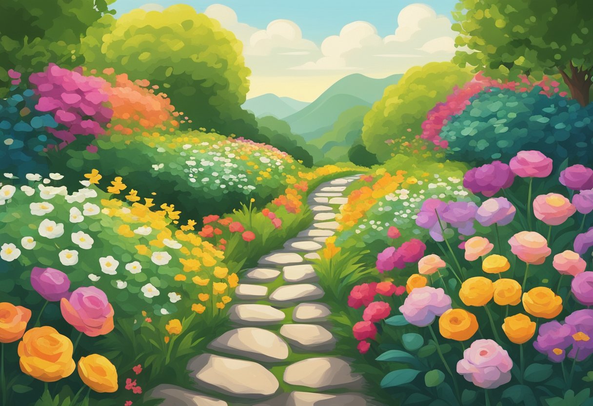 A serene landscape with a winding path leading through lush greenery, symbolizing the journey of survivorship. The path is lined with vibrant flowers and leads towards a bright, hopeful horizon