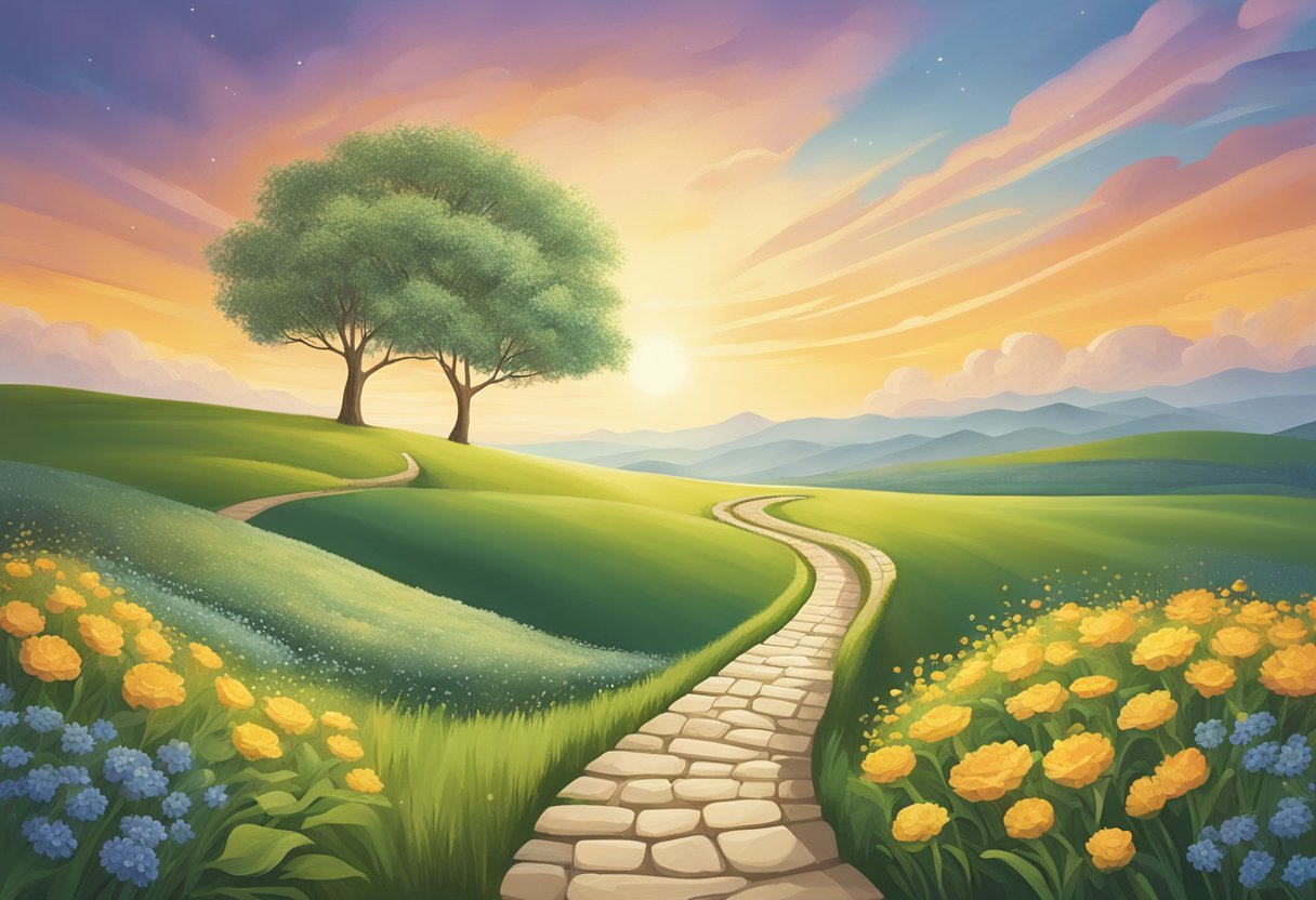 A serene landscape with a winding path leading towards a bright, hopeful horizon, representing the stages of survivorship and the journey towards mental and emotional well-being after cancer