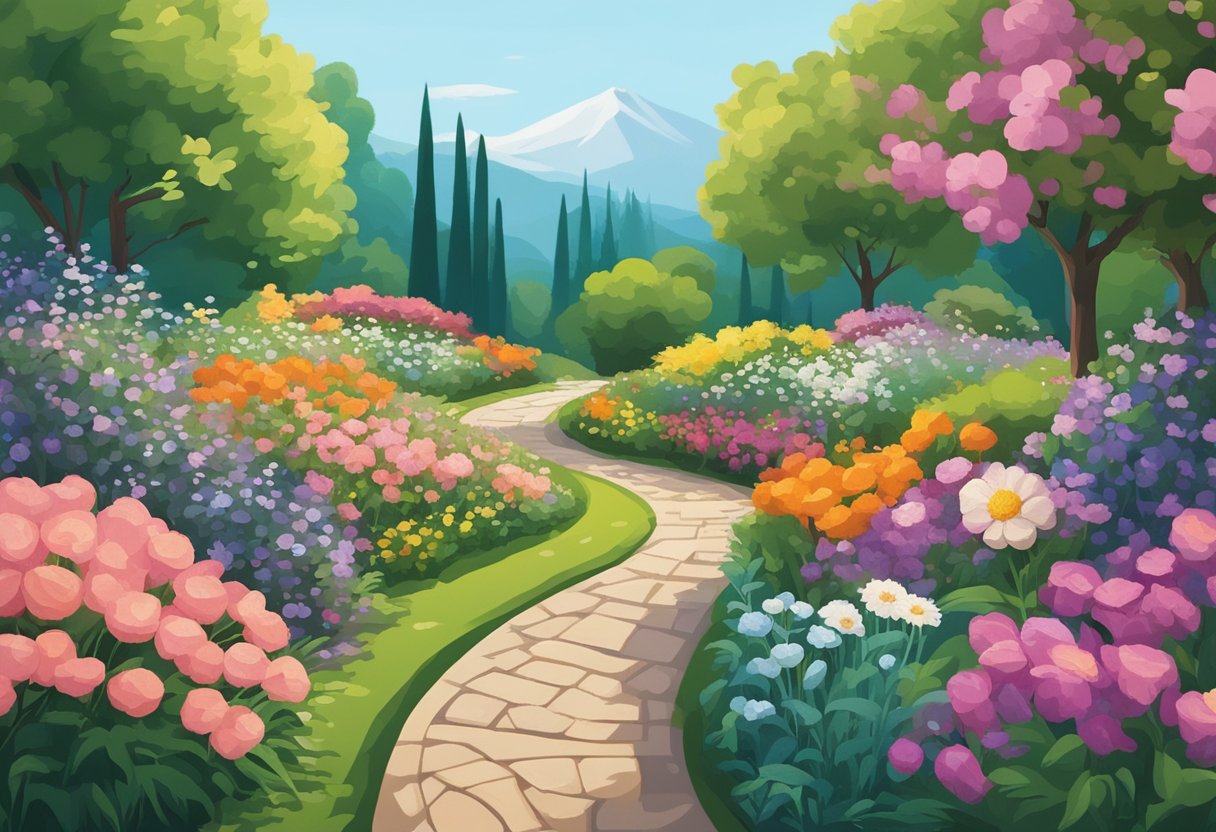A serene landscape with a winding path leading through a garden of blooming flowers and vibrant greenery, symbolizing the stages of survivorship and the physical effects of cancer treatment