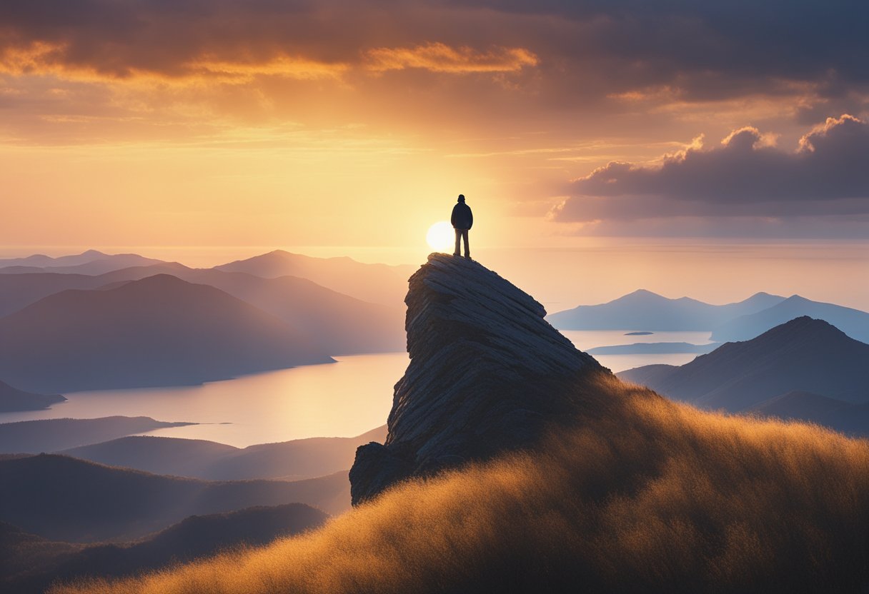 A lone figure stands atop a mountain peak, gazing out at the vast horizon. The sun sets behind them, casting a warm glow on the landscape ahead