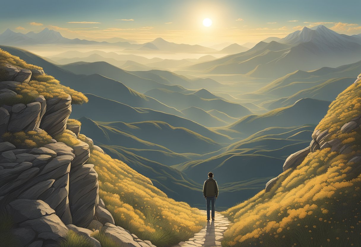 A lone figure stands atop a mountain, gazing out at a vast, winding path. The landscape is rugged and challenging, but the sky is clear and the sun is shining, symbolizing hope and resilience