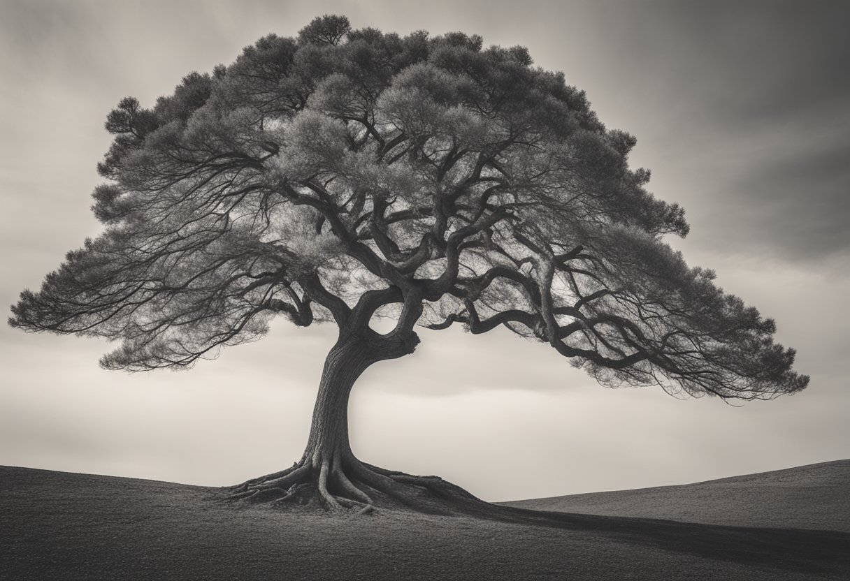 A lone tree stands resilient in a barren landscape, its roots reaching deep into the ground. The branches and leaves sway gracefully in the wind, symbolizing adaptability and growth