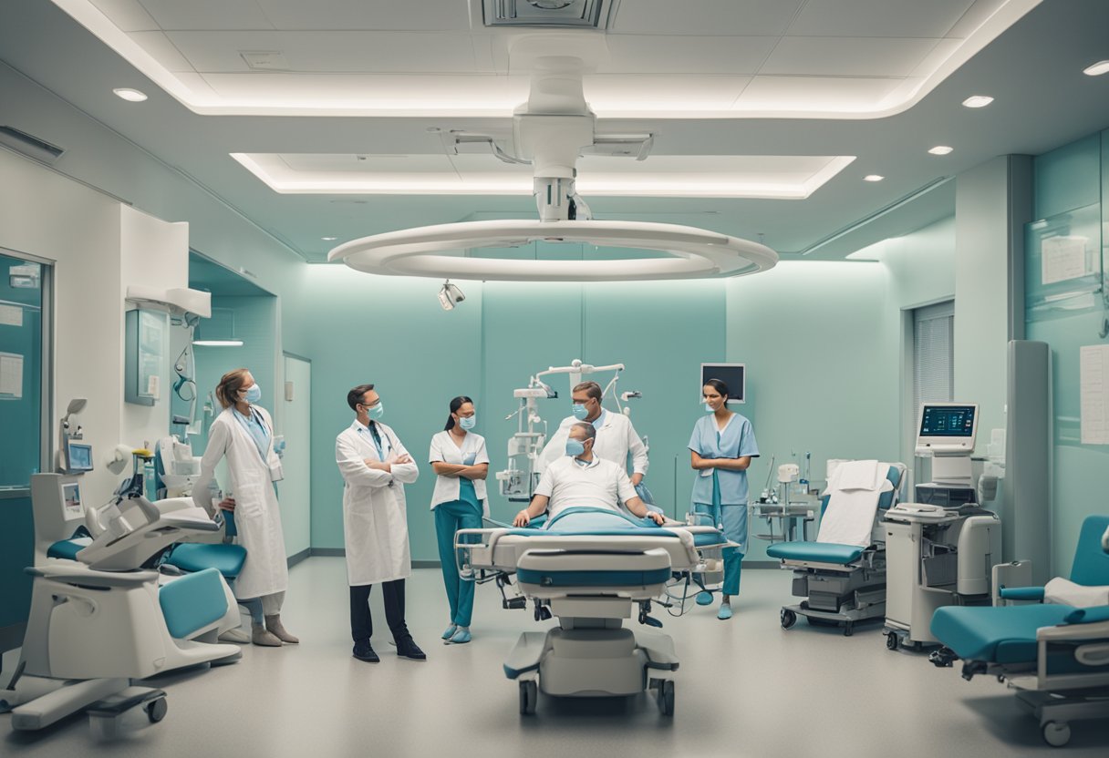 A man sitting in a modern, well-lit hospital room, surrounded by supportive medical staff and advanced treatment equipment