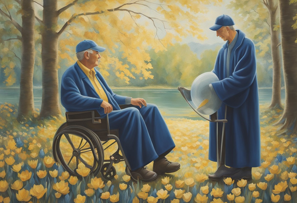 A caregiver supporting a male cancer thriver, symbolizing success through comfort and companionship