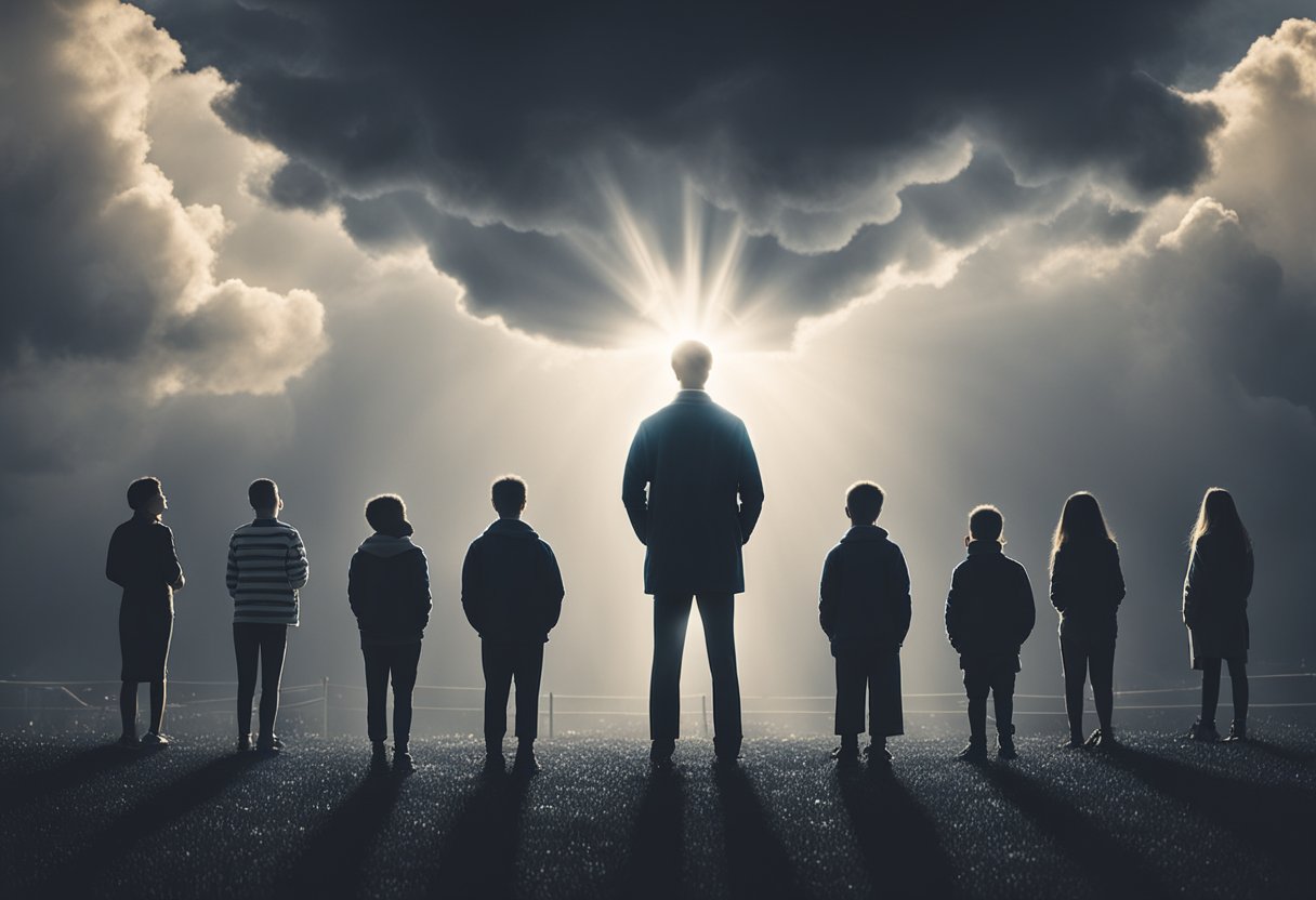 A man standing tall, surrounded by supportive friends and family. A bright light shining through dark clouds symbolizing hope and resilience