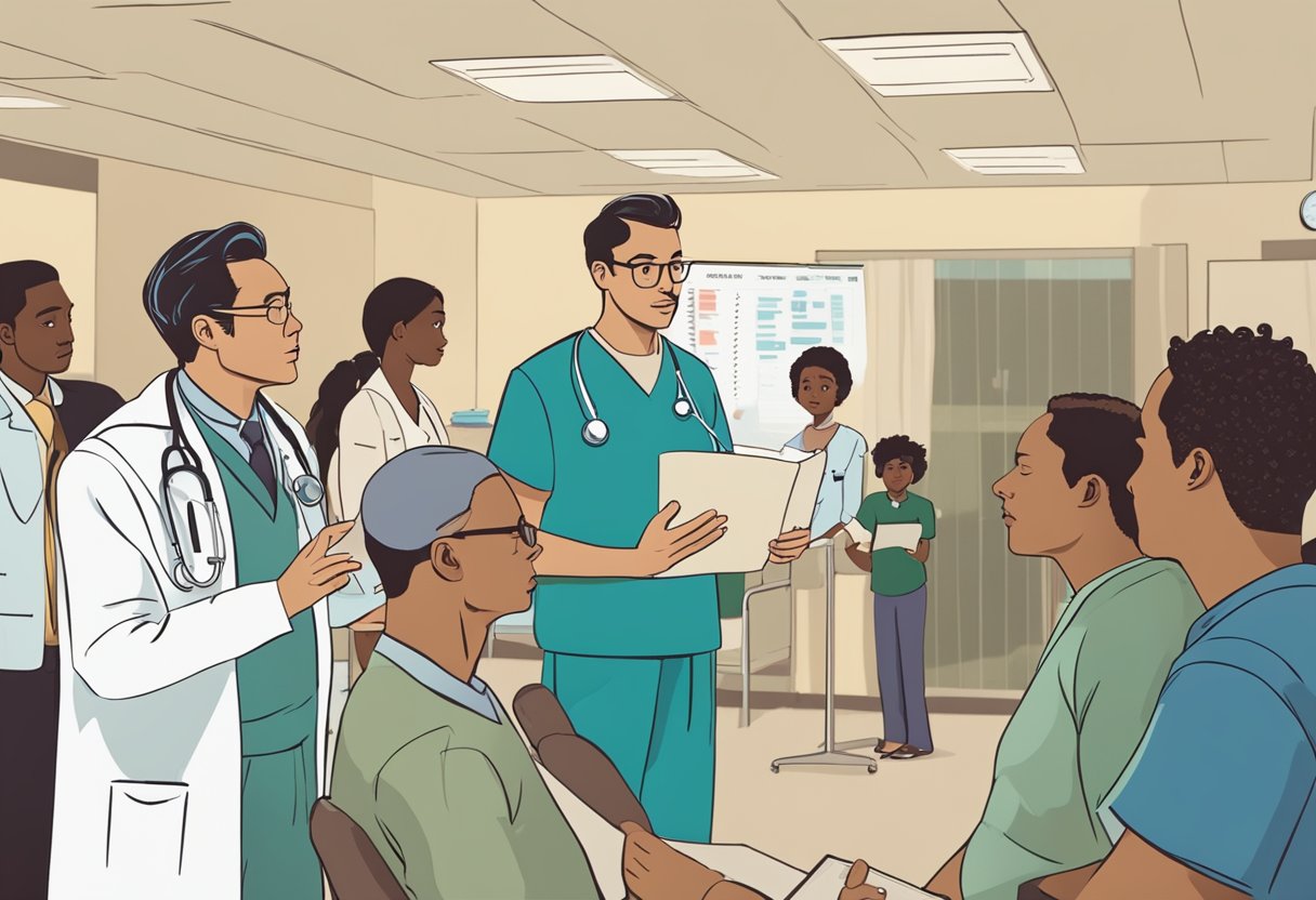 A man stands in a hospital room, surrounded by supportive friends and family. A doctor holds up a chart, explaining the diagnosis. The man listens intently, wearing a determined expression
