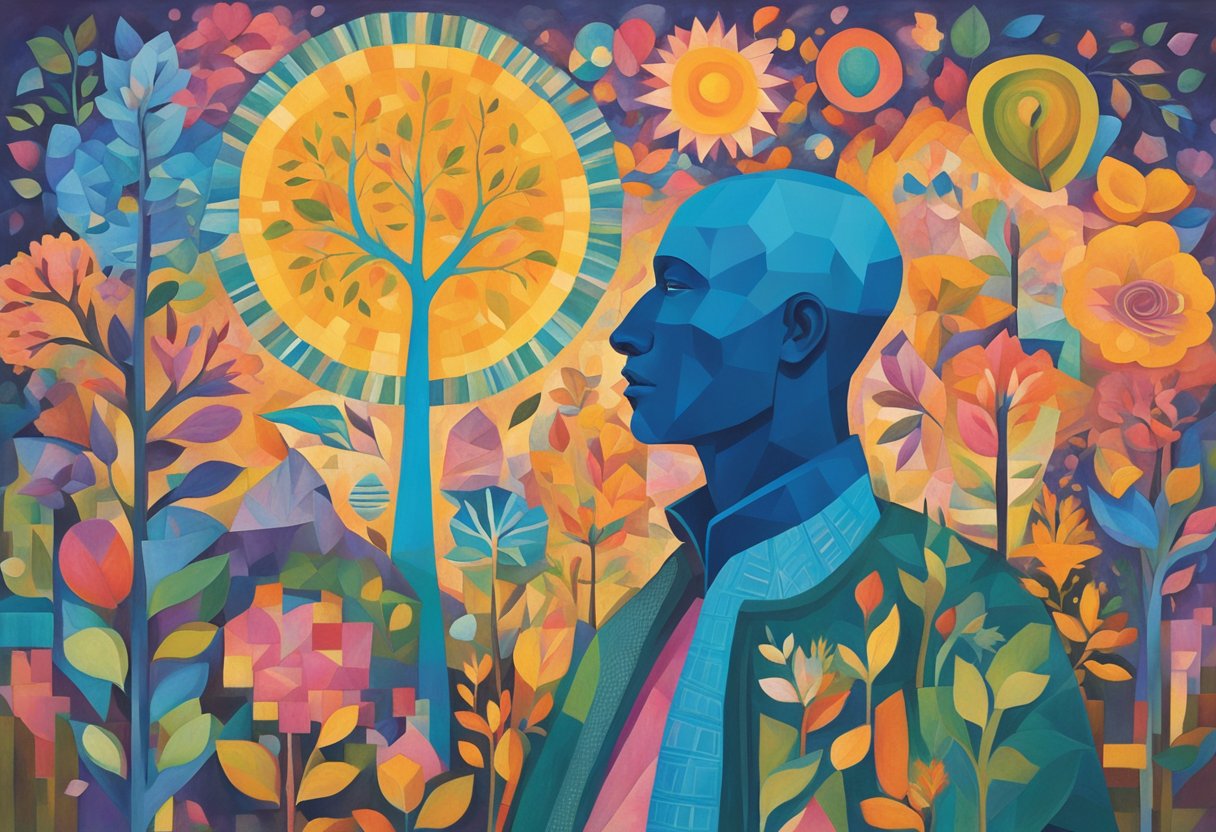 A male figure stands tall, surrounded by vibrant colors and symbols of growth and resilience. The scene exudes hope and positivity in the face of cancer