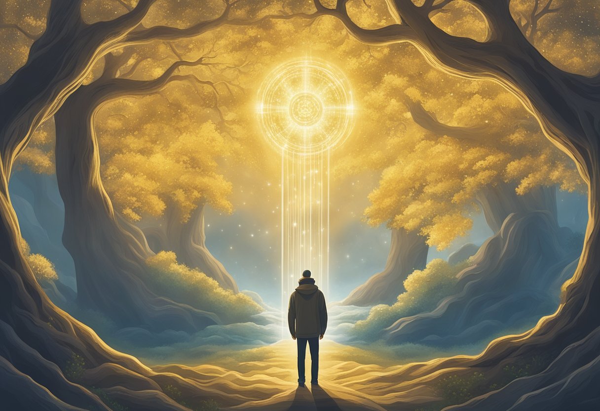 A man surrounded by light, symbolizing hope and positivity. He is engaged in activities that promote mental and emotional well-being, such as meditation or journaling
