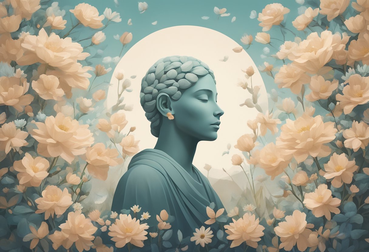 A serene figure surrounded by blooming flowers, symbolizing forgiveness and resilience in the face of cancer's impact on mental health