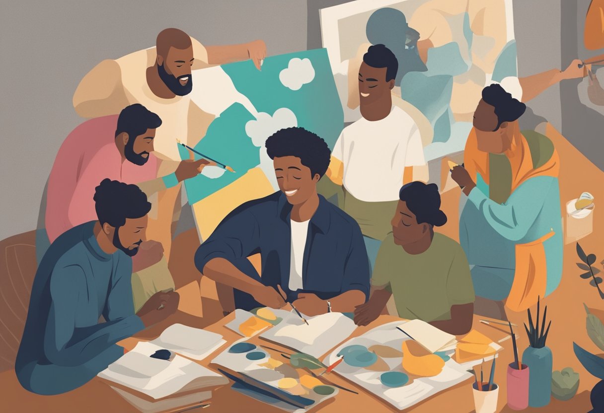 A man surrounded by supportive friends and family, engaging in creative activities like painting or writing