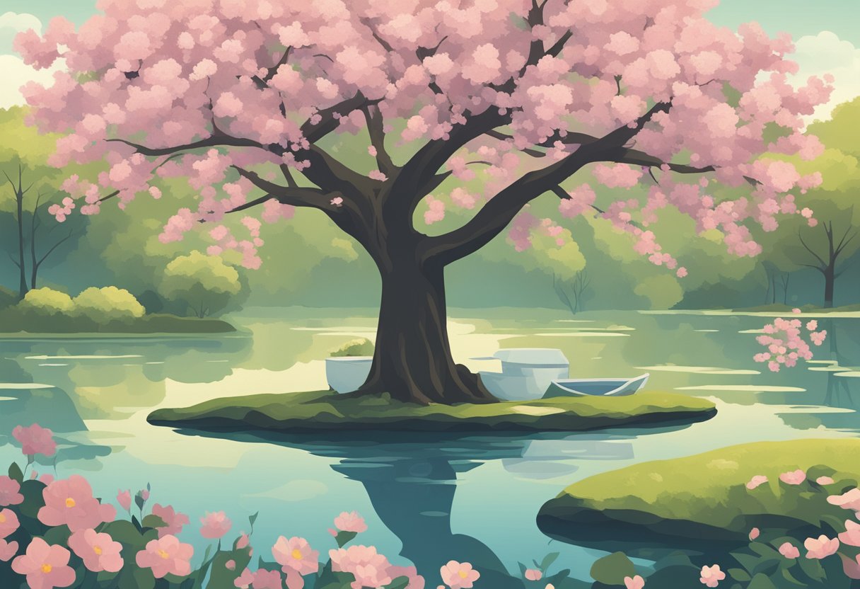 A serene garden with blooming flowers, a tranquil pond, and a sturdy tree symbolizing resilience and forgiveness