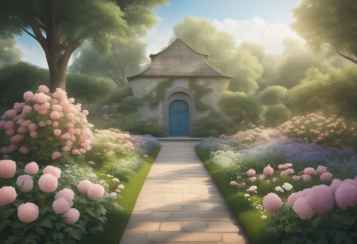 A serene garden with blooming flowers and a gentle breeze, symbolizing the process of cultivating forgiveness for a male cancer thriver