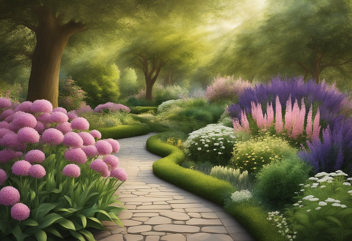 A serene path winds through a lush garden, with blooming flowers and peaceful surroundings, symbolizing the journey of overcoming negative emotions and cultivating forgiveness for a male cancer thriver