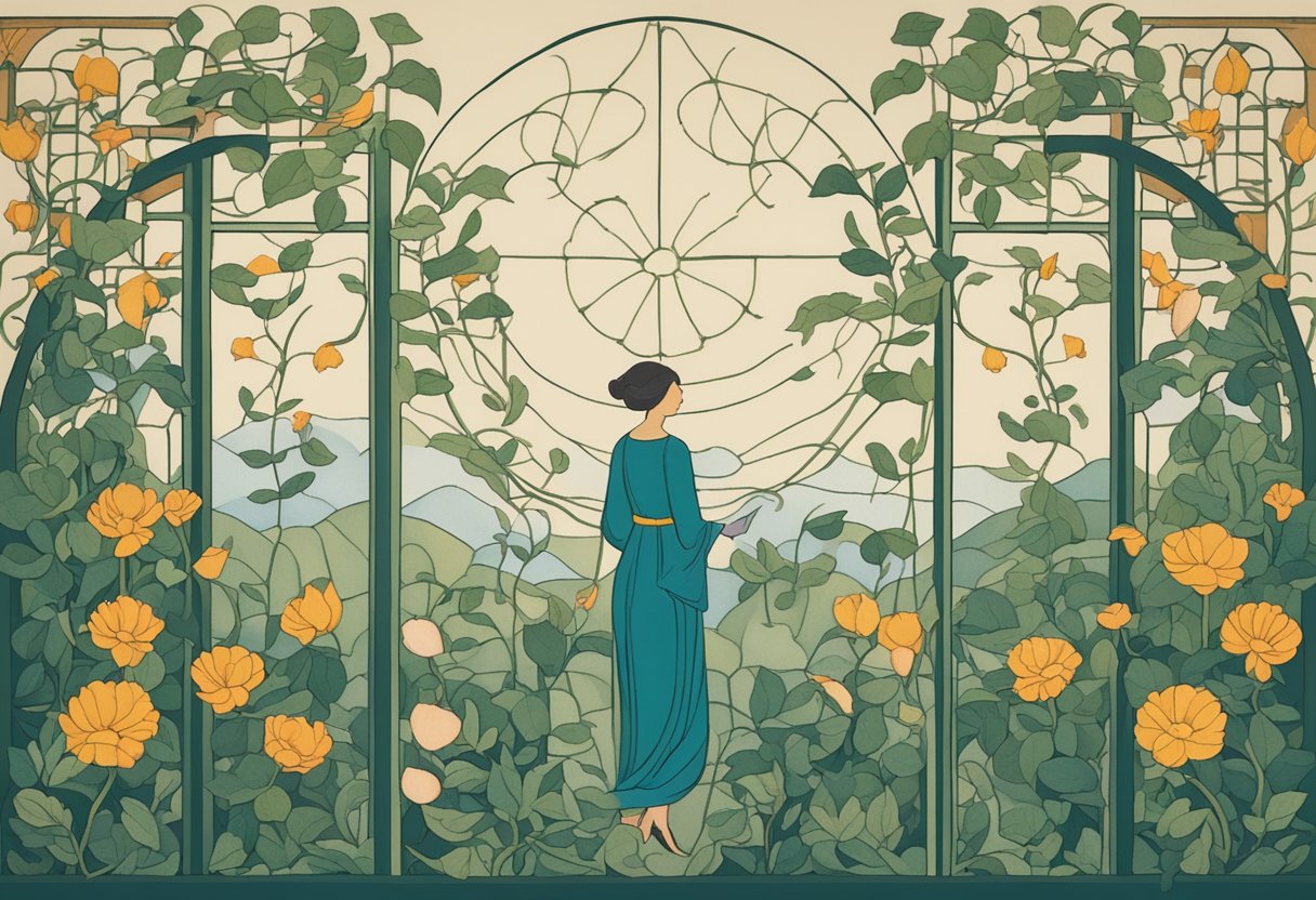 A serene garden with intertwining vines and blooming flowers, symbolizing forgiveness and support