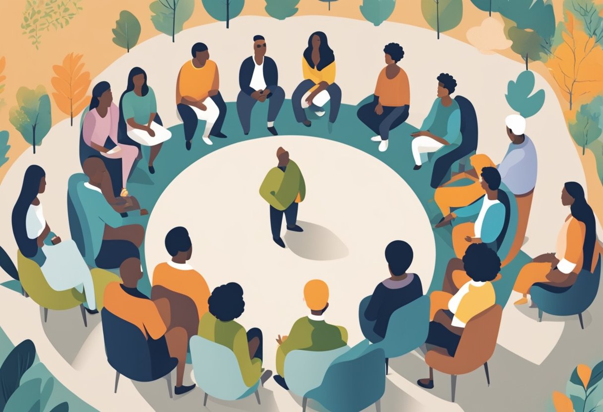 A group of diverse individuals gather in a circle, engaged in conversation and offering support. A figure stands at the center, speaking passionately about cancer survivorship advocacy