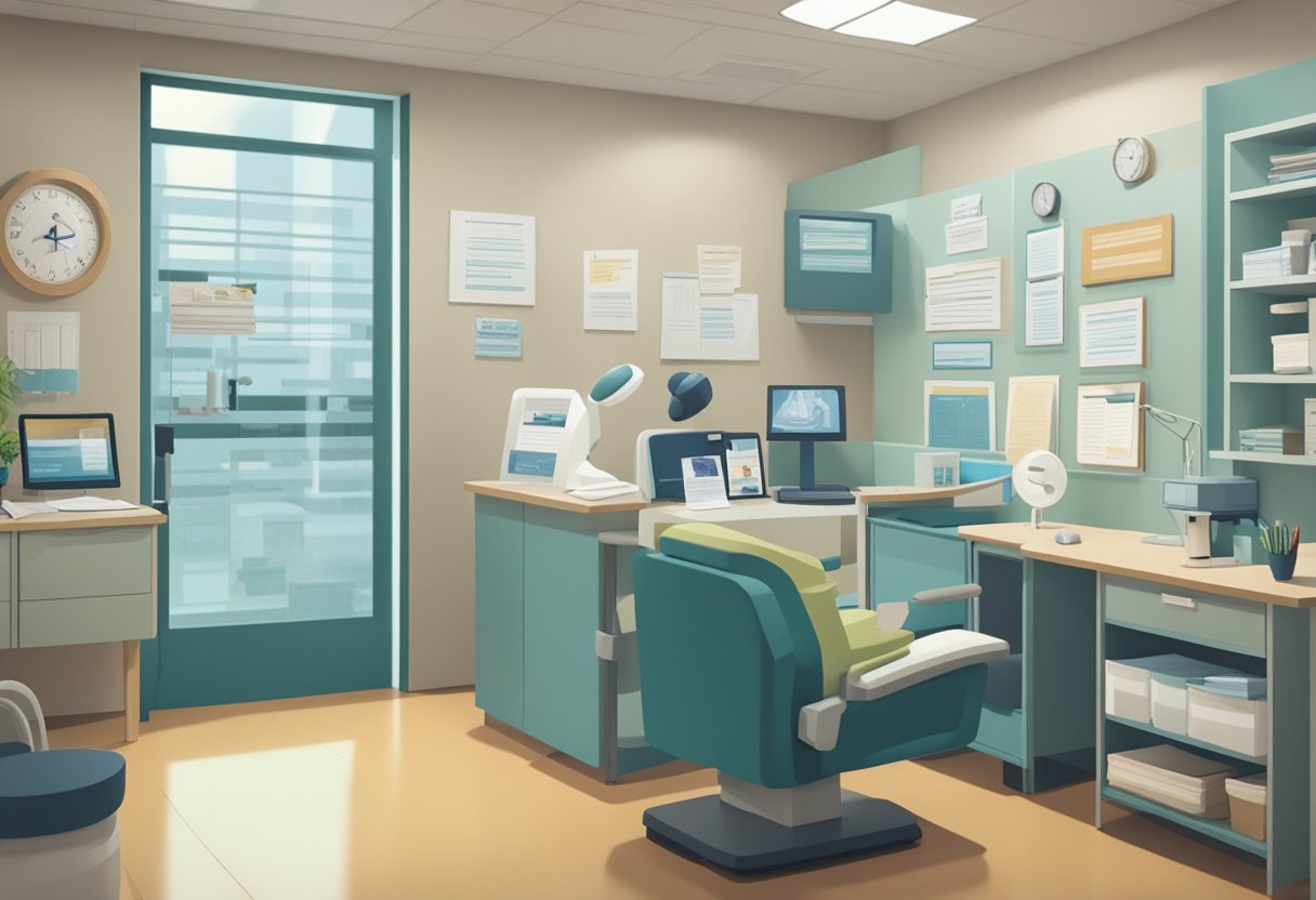 A cancer survivor sits in a doctor's office, asking questions and advocating for their post-treatment care. The room is filled with medical equipment and informational pamphlets