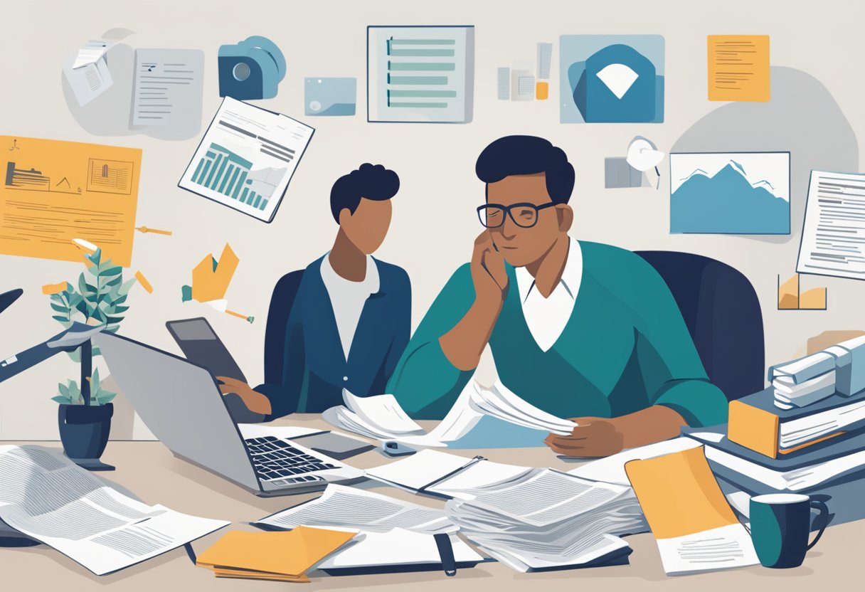 A person at a desk, surrounded by financial documents and workplace resources. They are engaged in conversation with others, advocating for cancer survivors