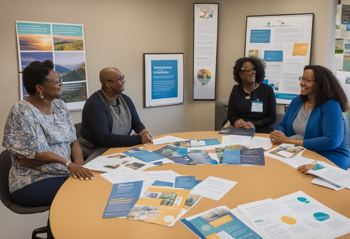 A group of people gathered around a table, sharing resources and information about cancer survivorship advocacy. Posters and brochures are spread out on the table