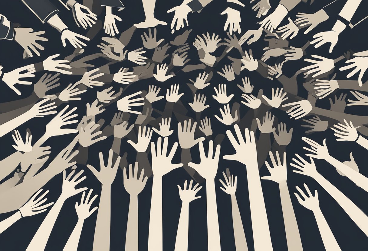 A group of people gather, raising hands and talking passionately about cancer survivorship advocacy