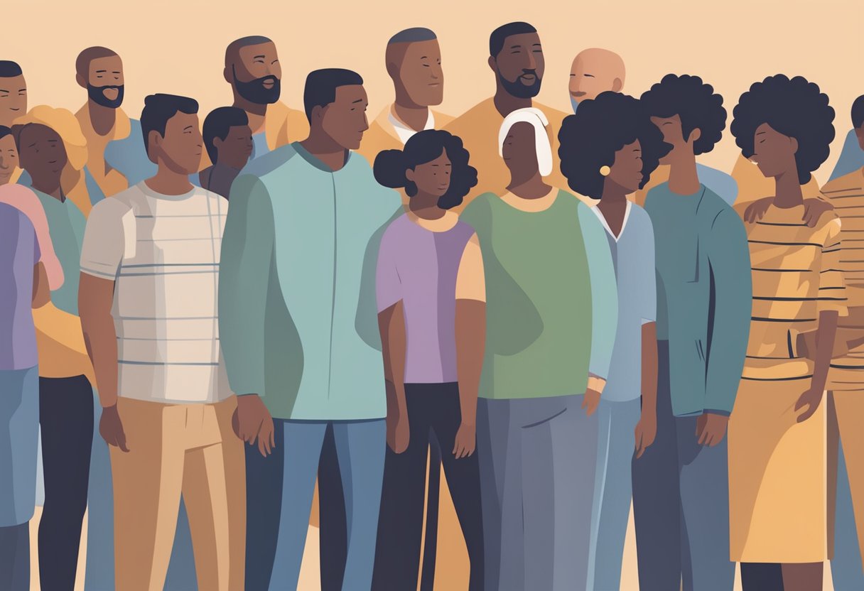 A group of diverse figures standing together, offering support and encouragement to a central figure representing a male cancer thriver