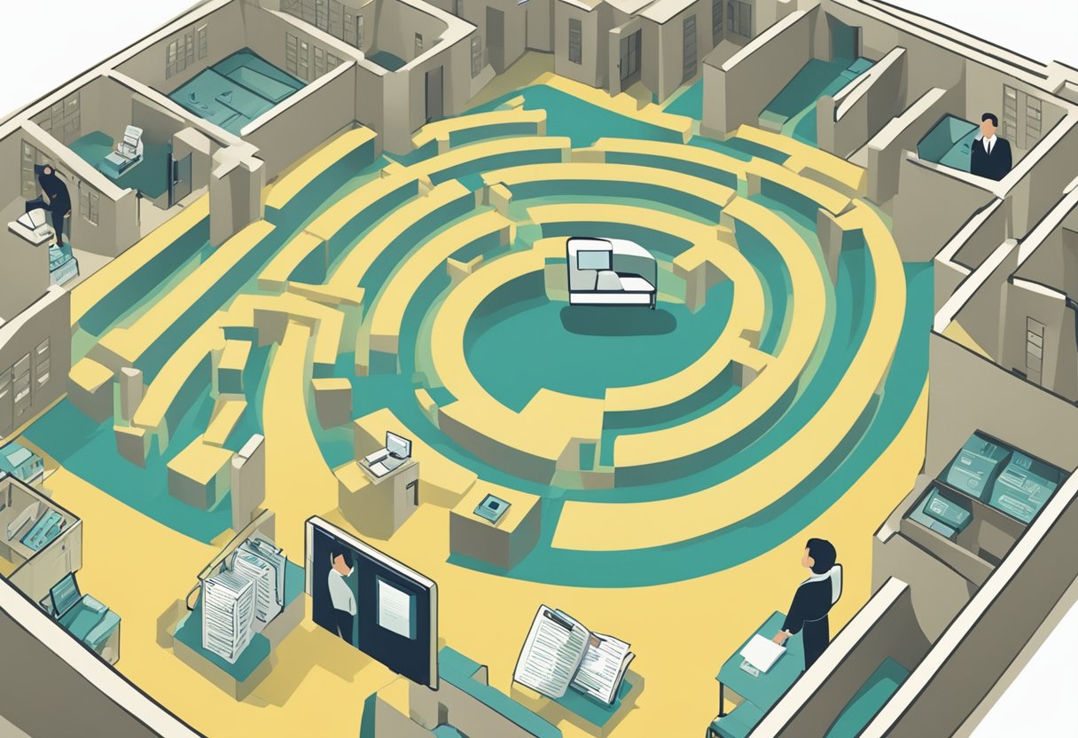 A man confidently navigating through a maze of hospital buildings, speaking with doctors and reviewing medical records