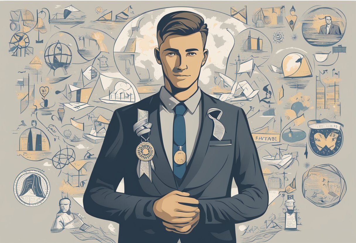 A man standing confidently, surrounded by supportive symbols like ribbons and positive messages, representing his advocacy as a male cancer thriver