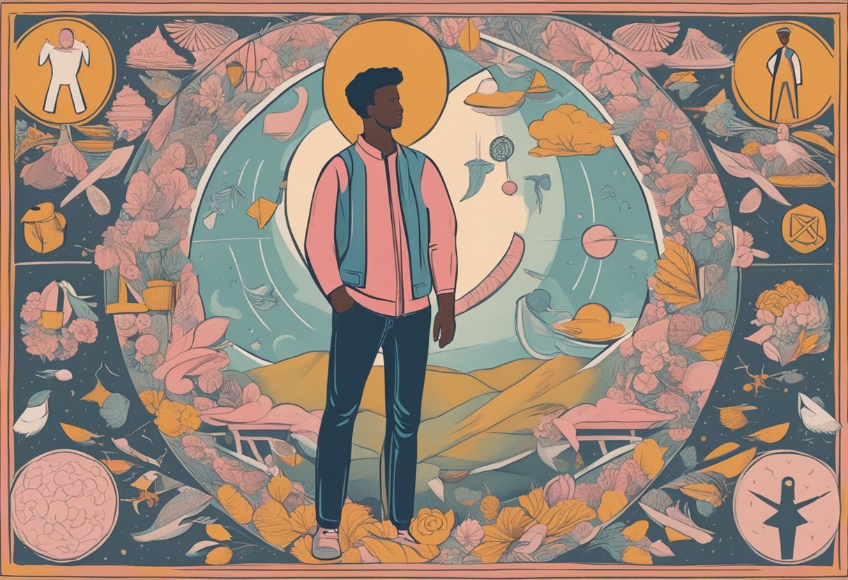 A man standing confidently, surrounded by supportive symbols and imagery related to cancer awareness and survivorship