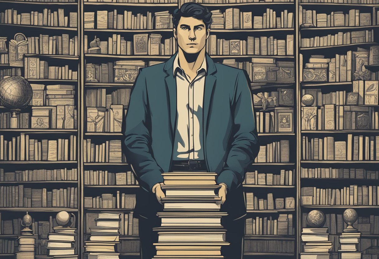 A male figure standing confidently, surrounded by books and symbols of education, with a strong and determined expression on his face