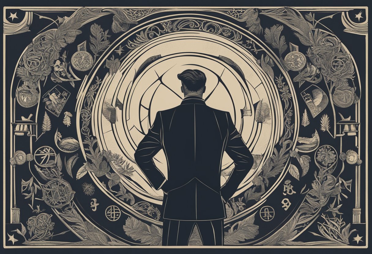 A man stands confidently, raising his fist in determination, surrounded by symbols of strength and resilience