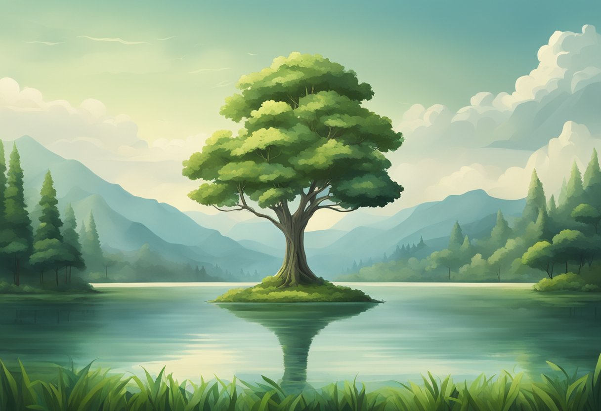 A serene lake surrounded by lush greenery, with a lone tree standing tall in the center, symbolizing strength and resilience