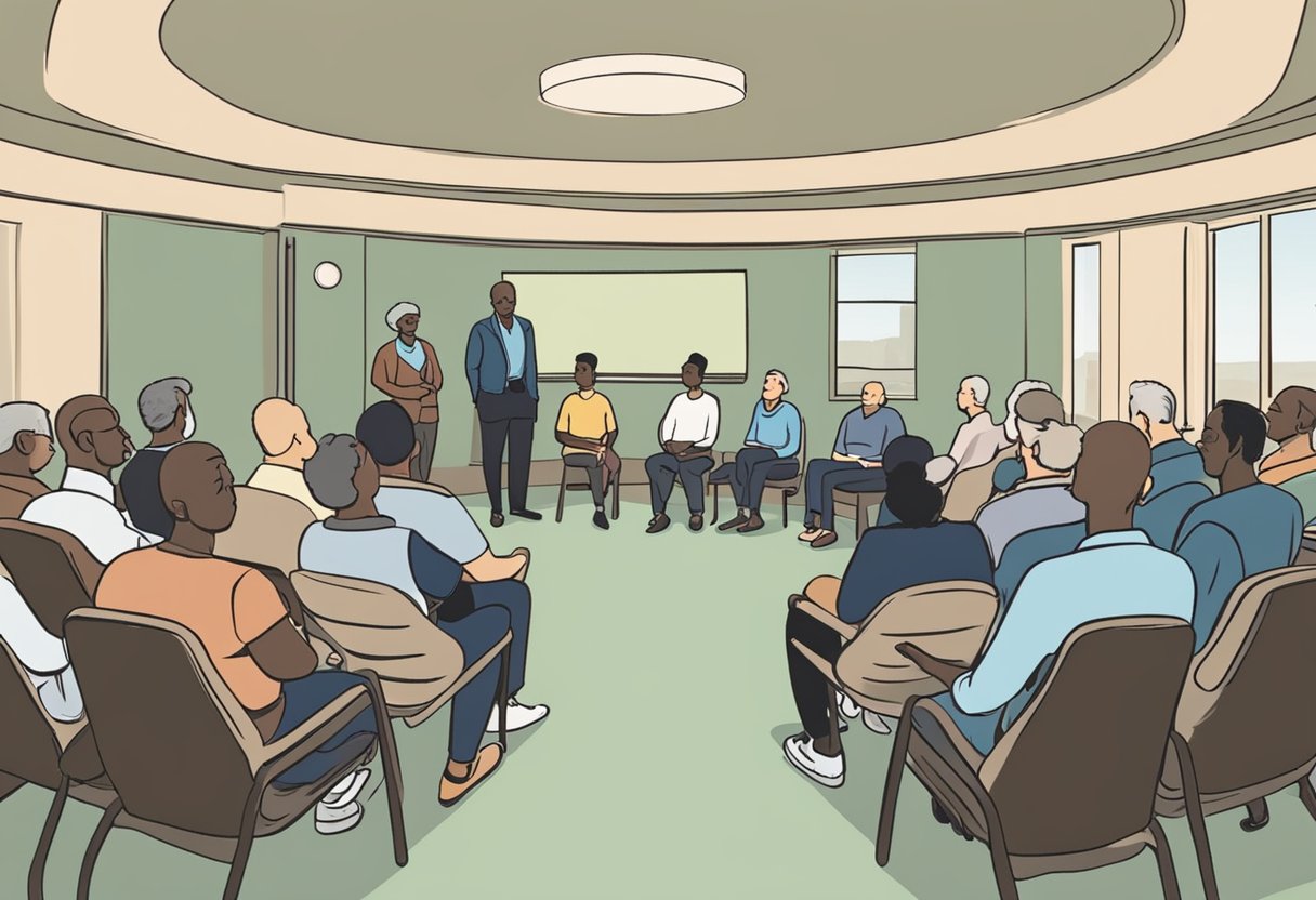 A man confidently speaks at a support group, surrounded by fellow cancer thrivers. The room is filled with empathy and understanding