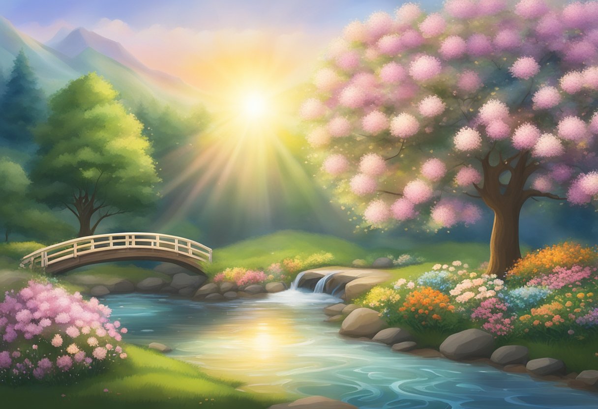 A serene garden with a blooming tree, a flowing stream, and a glowing sun, radiating peace and healing energy