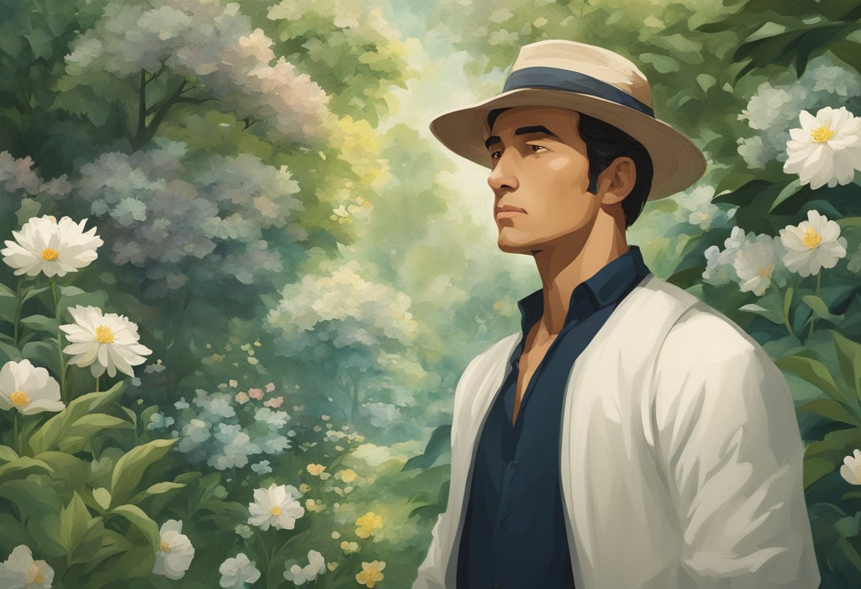 A man stands confidently in a peaceful garden, surrounded by blooming flowers and lush greenery. He gazes out with a determined expression, embodying strength and resilience
