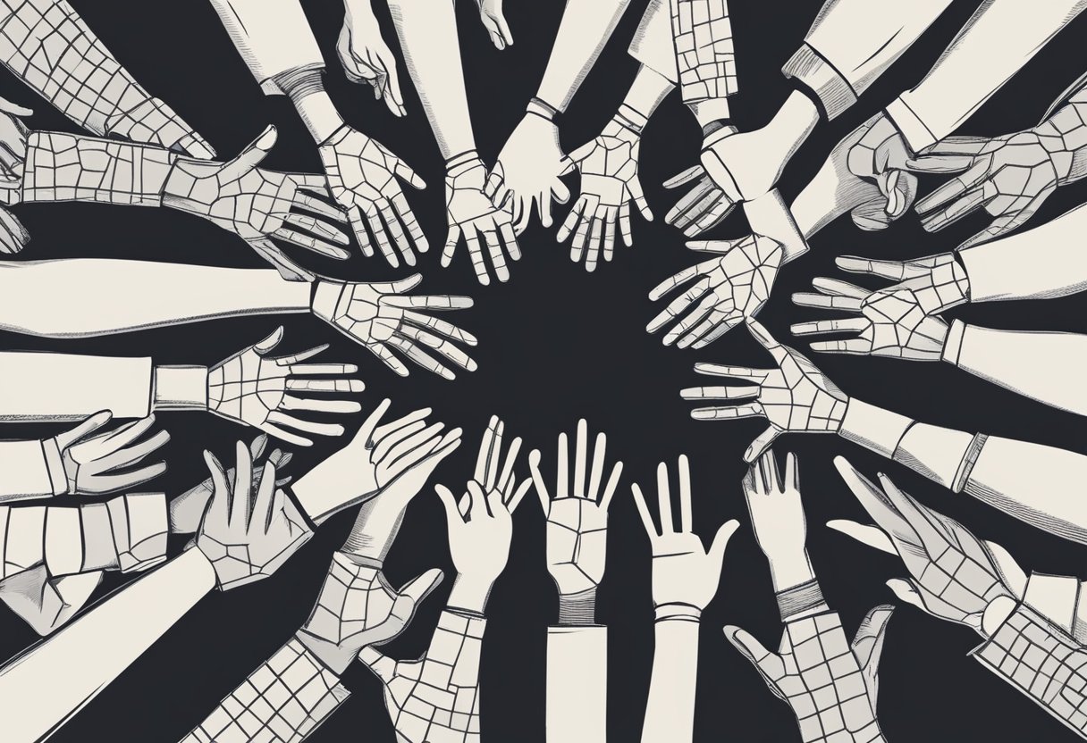 A group of interconnected hands forming a strong support network, symbolizing the solidarity and strength of male cancer thrivers